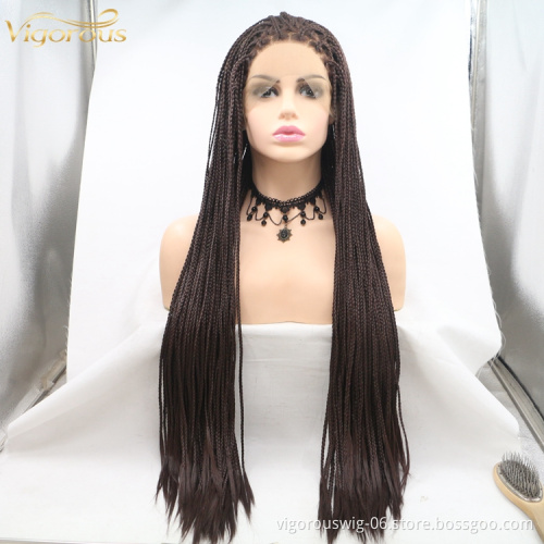 Long straight black cheap wholesale high guality heat resistant synthetic braided wig with lace front